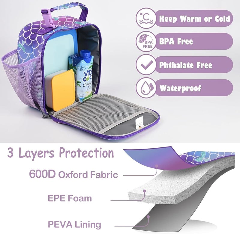 CaCTOUR Lunch Box Kids,Premium Insulated Lunch Bag for Girls Boys,Soft Bag Mini Cooler Back to School Thermal Reusable Lunch Bag for Work School Picnic (Mermaid) - Image 4
